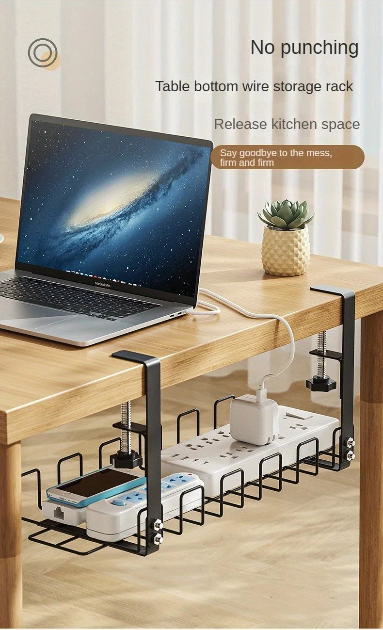 Under Table Storage Rack Metal Cable Management Tray Home Office Desk Wire Organizer No Punching Kitchen Storage Accessories