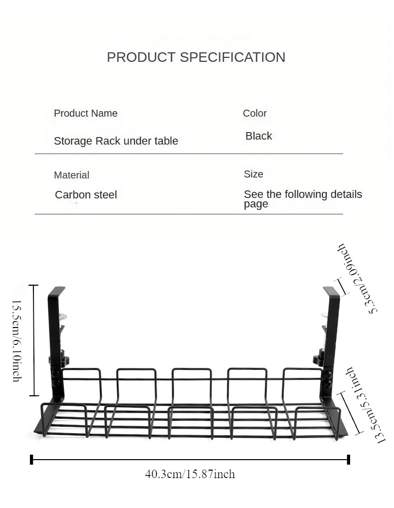 Under Table Storage Rack Metal Cable Management Tray Home Office Desk Wire Organizer No Punching Kitchen Storage Accessories